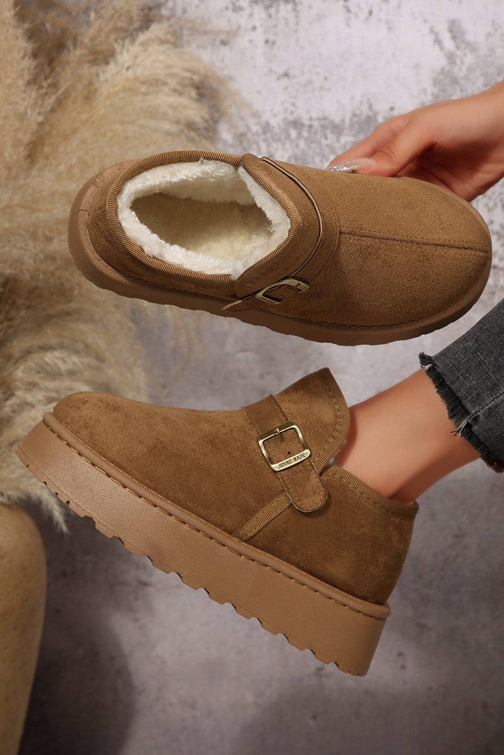 Coffee Buckle Detail Round Toe Platform Cozy Winter Boots