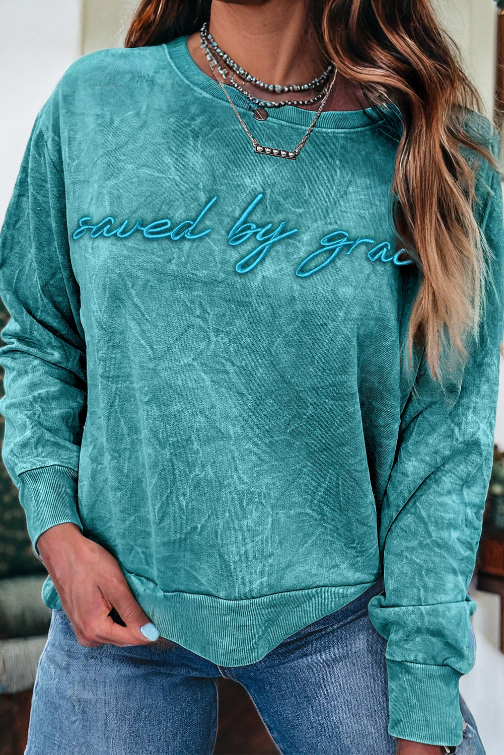 Sea Green saved by grace Letter Embroidery Mineral Wash Loose Sweatshirt