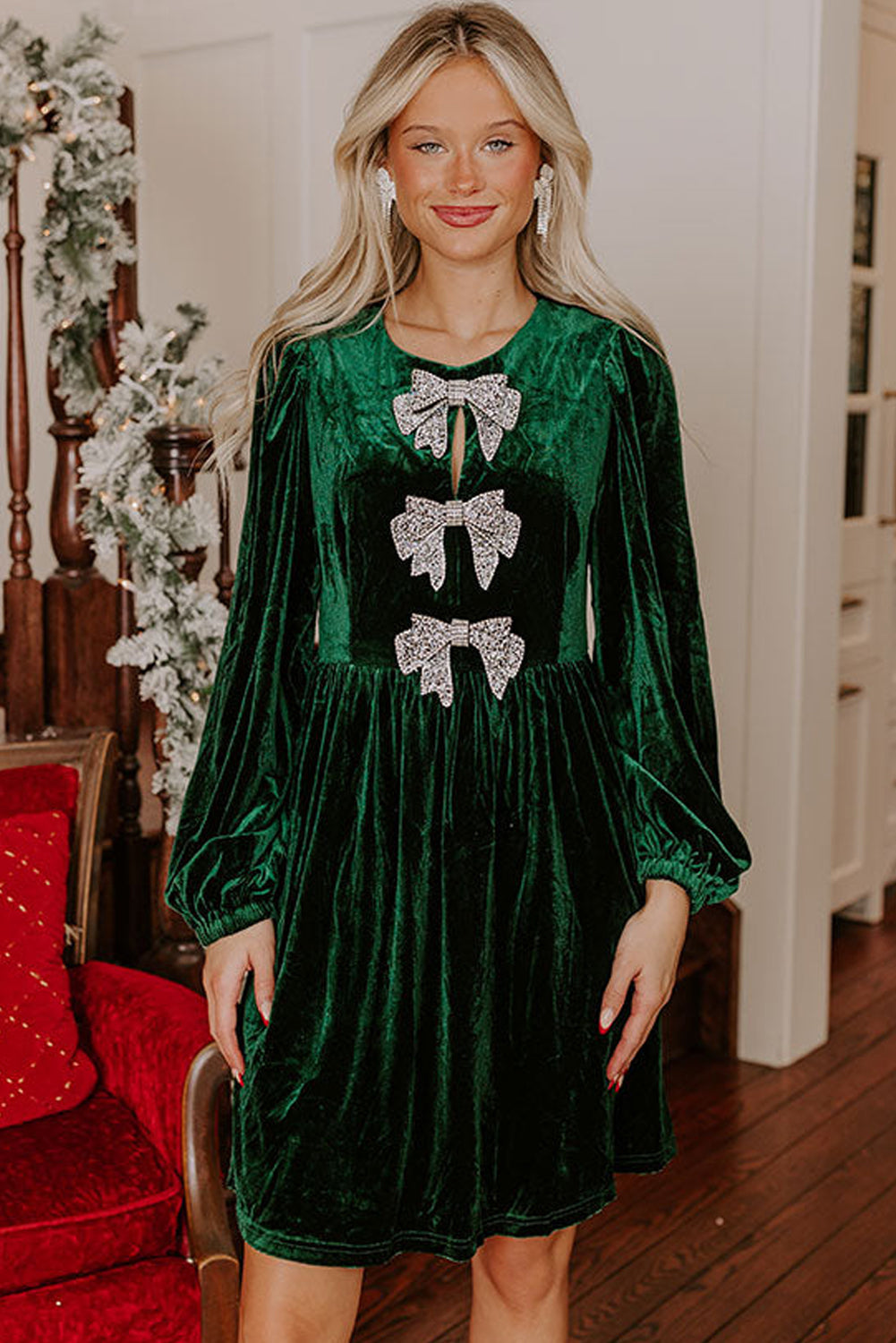Evergreen Bowknot Decor High Waist Velvet Mini Dress