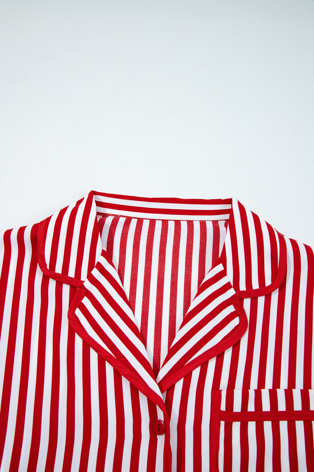 Red Stripe Contrast Velvet Trim Bow Knot Waist 2pcs Pajama Set