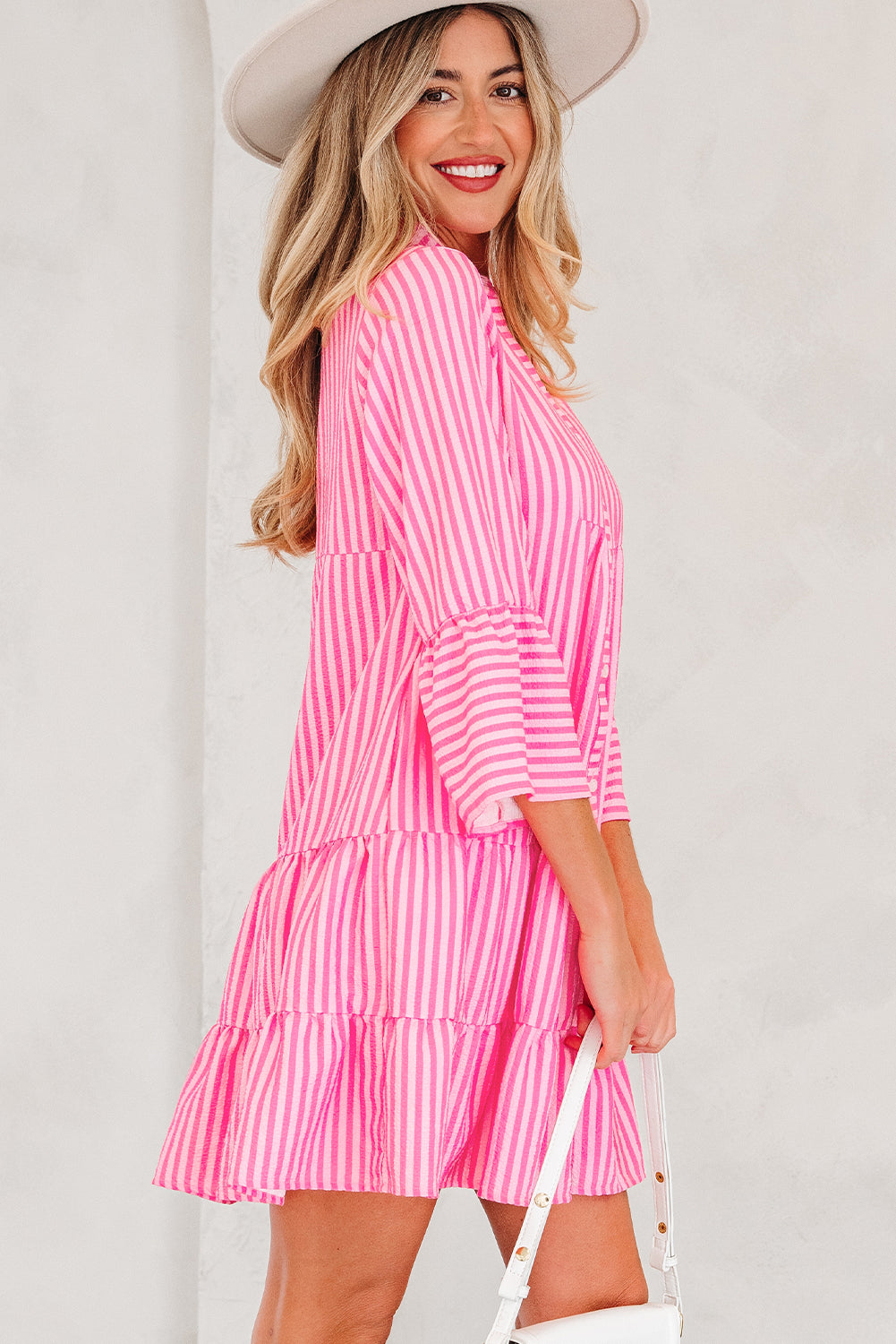 Pink Stripe Flare Sleeve Half Placket Tiered Flowy Mini Dress