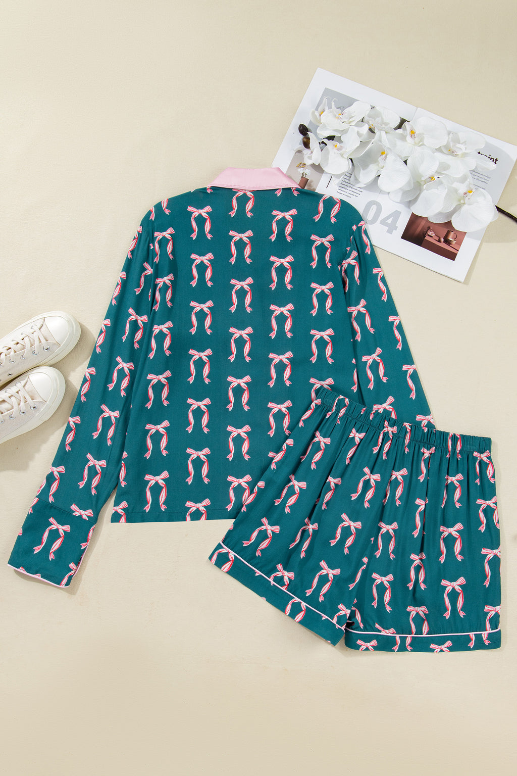 Green Ribbon Bow Print Silky Long Sleeve Shirt and Shorts 2pcs Pajama Set
