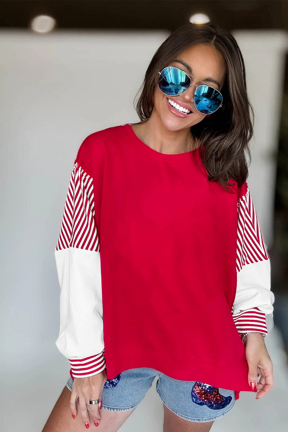 Fiery Red Striped Patchwork Sleeve Colorblock Sweatshirt
