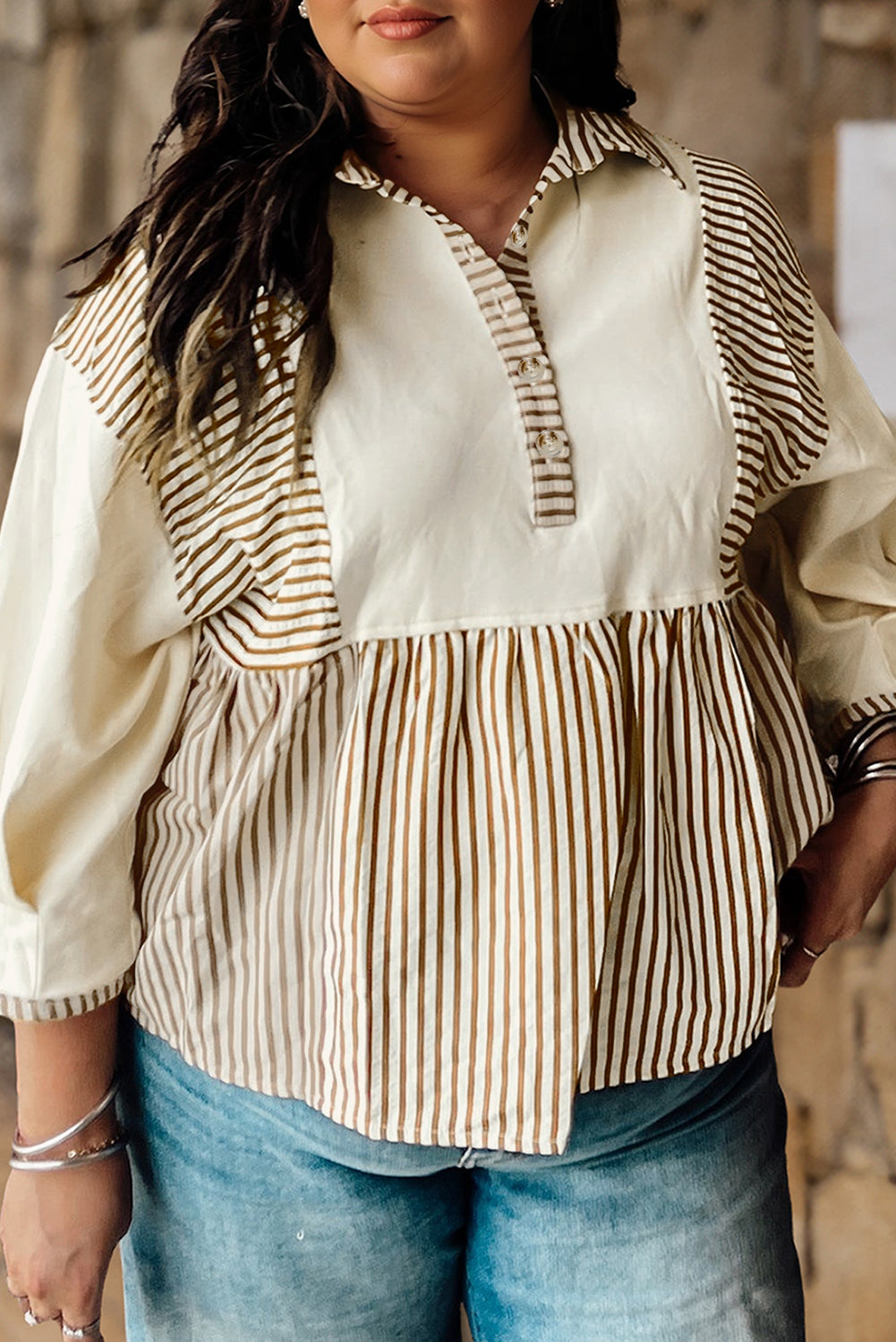 Khaki Stripe Plus Size Color Block Patchwork Half Button Long Sleeve Peplum Blouse