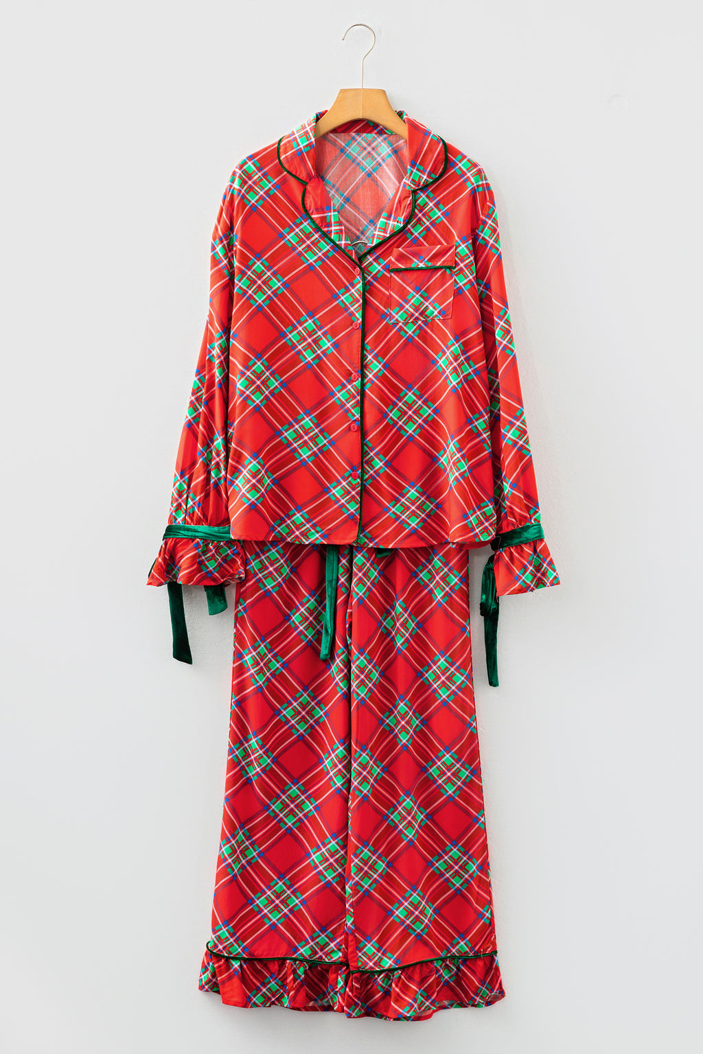 Fiery Red Christmas Plaid Satin Pajama Set with Contrast Velvet Ties