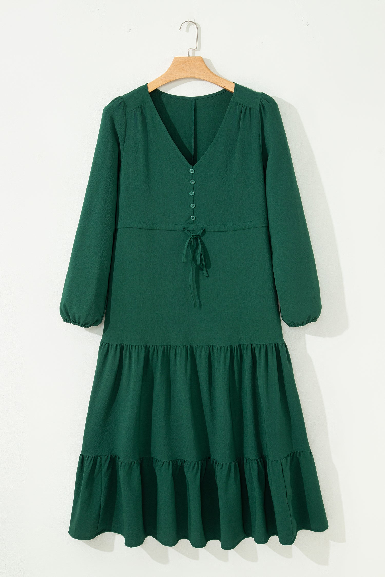 Blackish Green Solid Long Sleeve Button V Neck Tiered Maxi Dress
