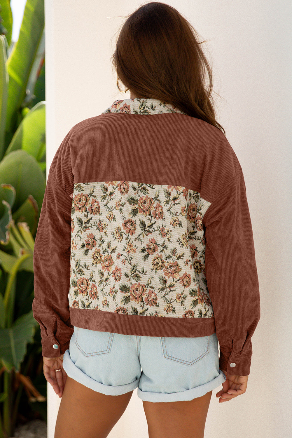 Clay Ribbed Retro Floral Patchwork Shirt Style Jacket