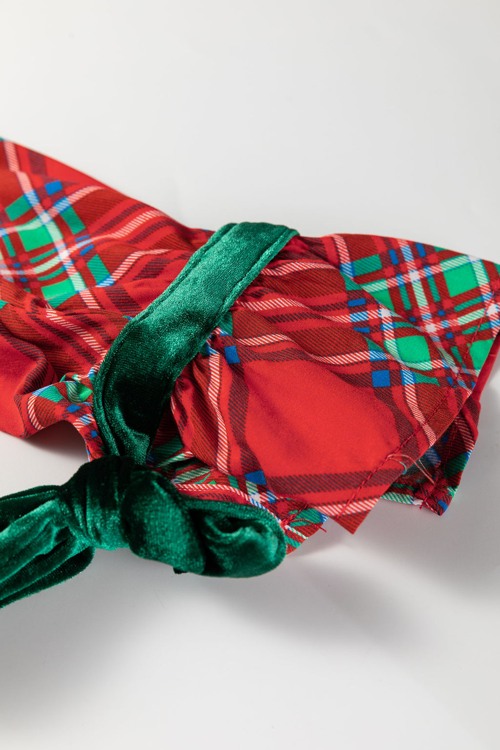 Fiery Red Christmas Plaid Satin Pajama Set with Contrast Velvet Ties