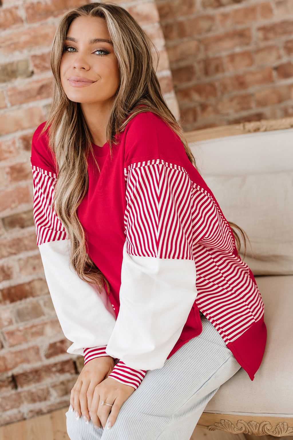 Fiery Red Striped Patchwork Sleeve Colorblock Sweatshirt