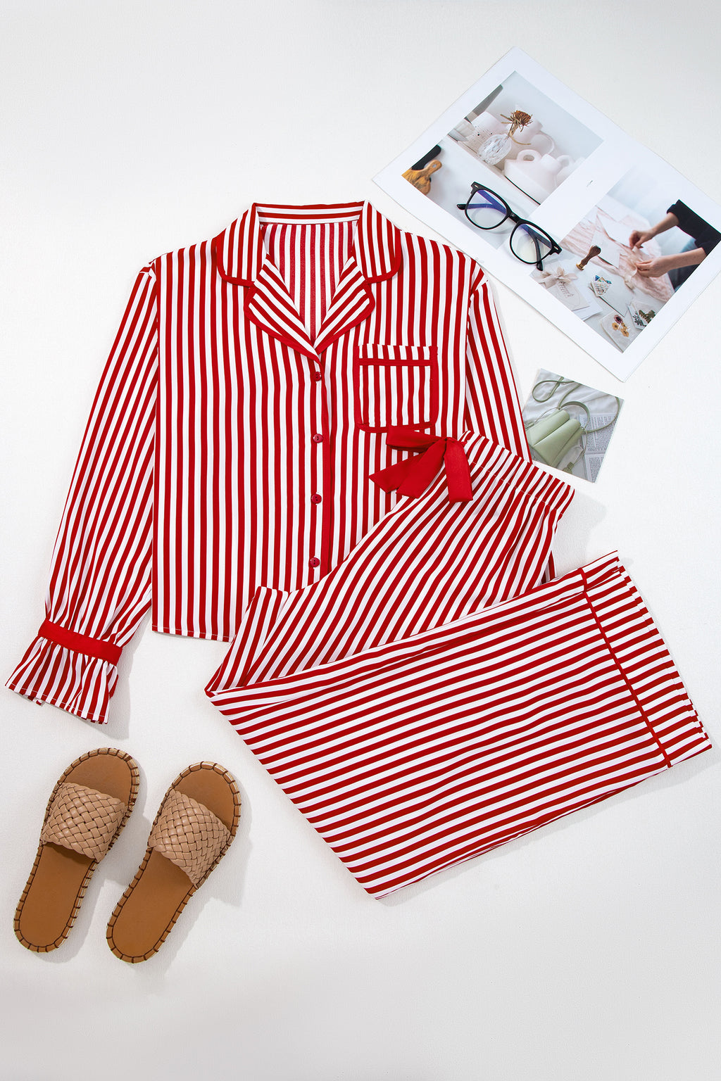 Red Stripe Contrast Velvet Trim Bow Knot Waist 2pcs Pajama Set