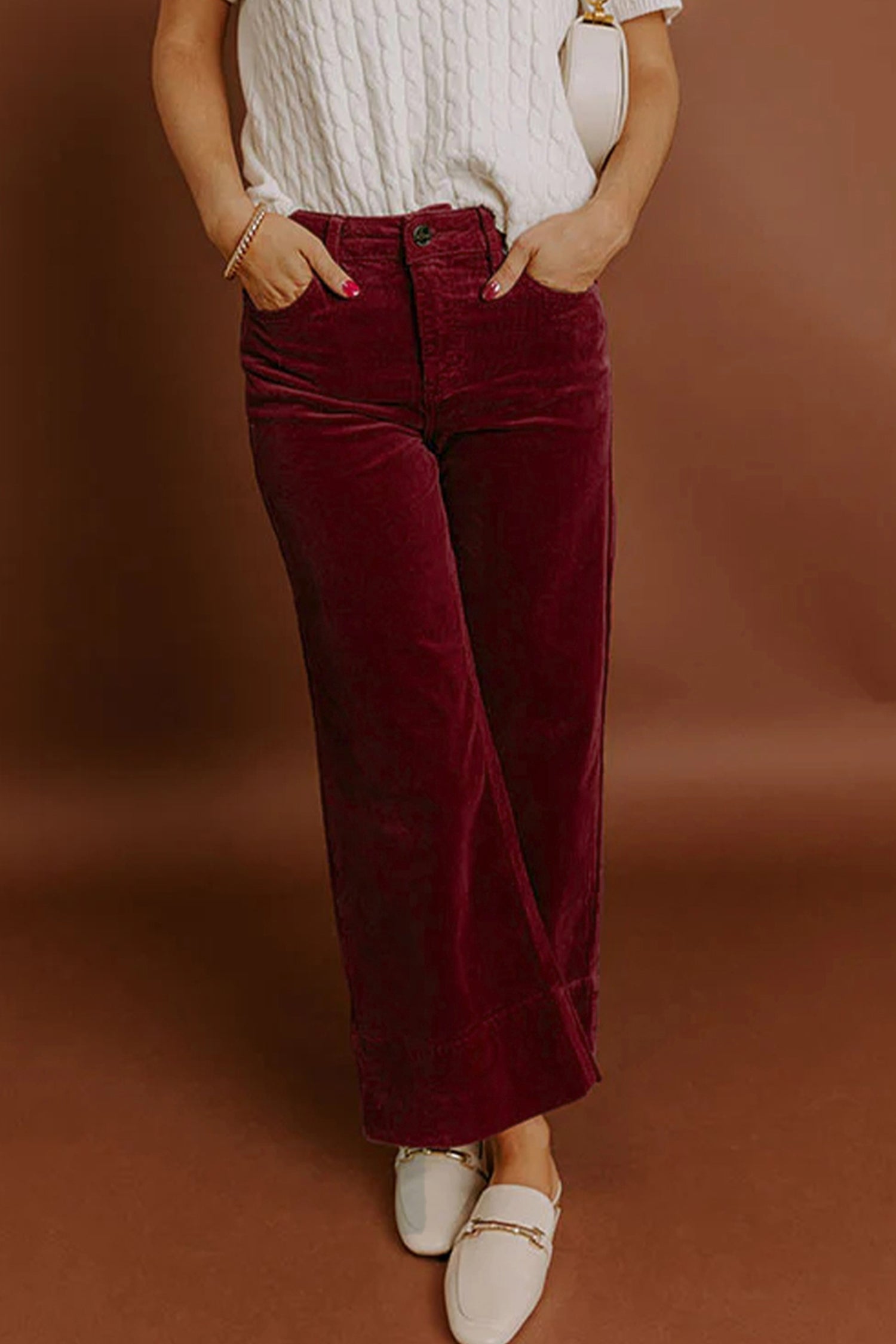 Burgundy Corduroy Solid Color High Waist Wide Leg Pants