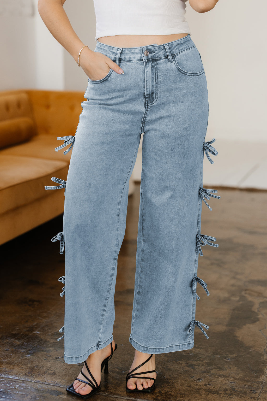 Beau Blue Bow Knot Side Detail Straight Leg Loose Jeans