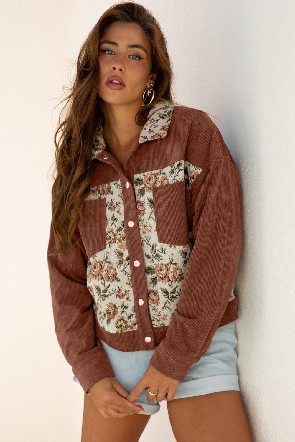 Clay Ribbed Retro Floral Patchwork Shirt Style Jacket