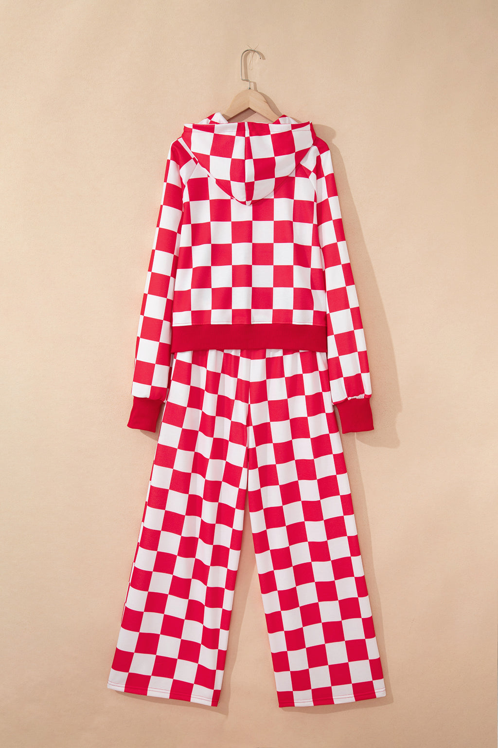 Red Checkered Print Half Zip Hoodie Loose Pant Set