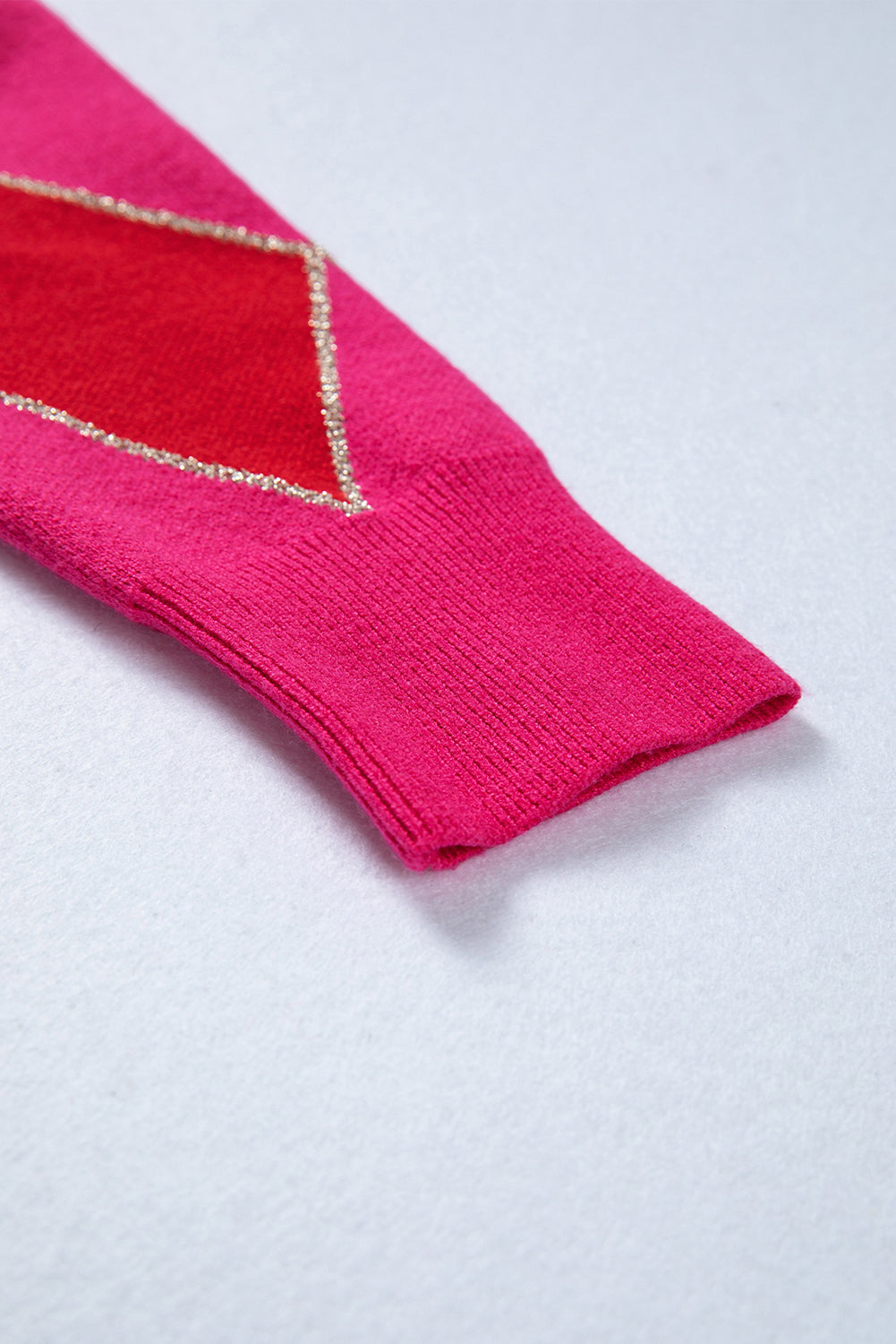 Rose Red Glitter Rhombus Pattern Knit Womens Casual Sweater