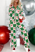 Green Holly Jolly Checkered Pattern 2pcs Long Pajama Set
