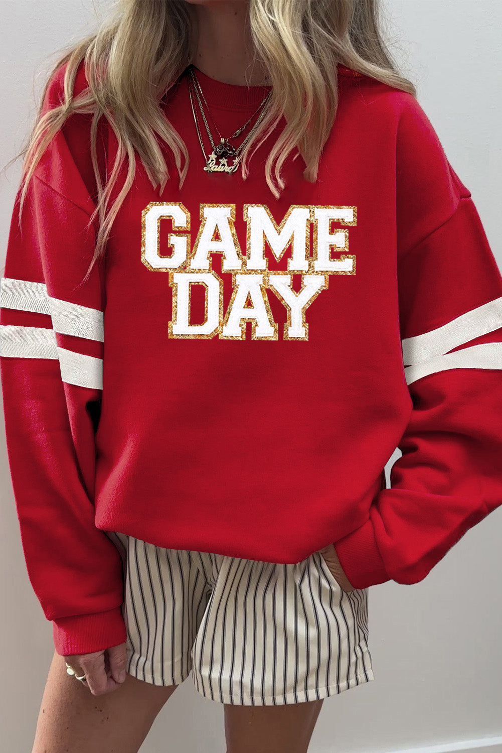 Fiery Red Glitter Trim GAME DAY Letter Graphic Oversized Varsity Sweatshirt