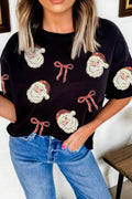 Black Sequin Christmas Bow Santa Claus Patched T Shirt