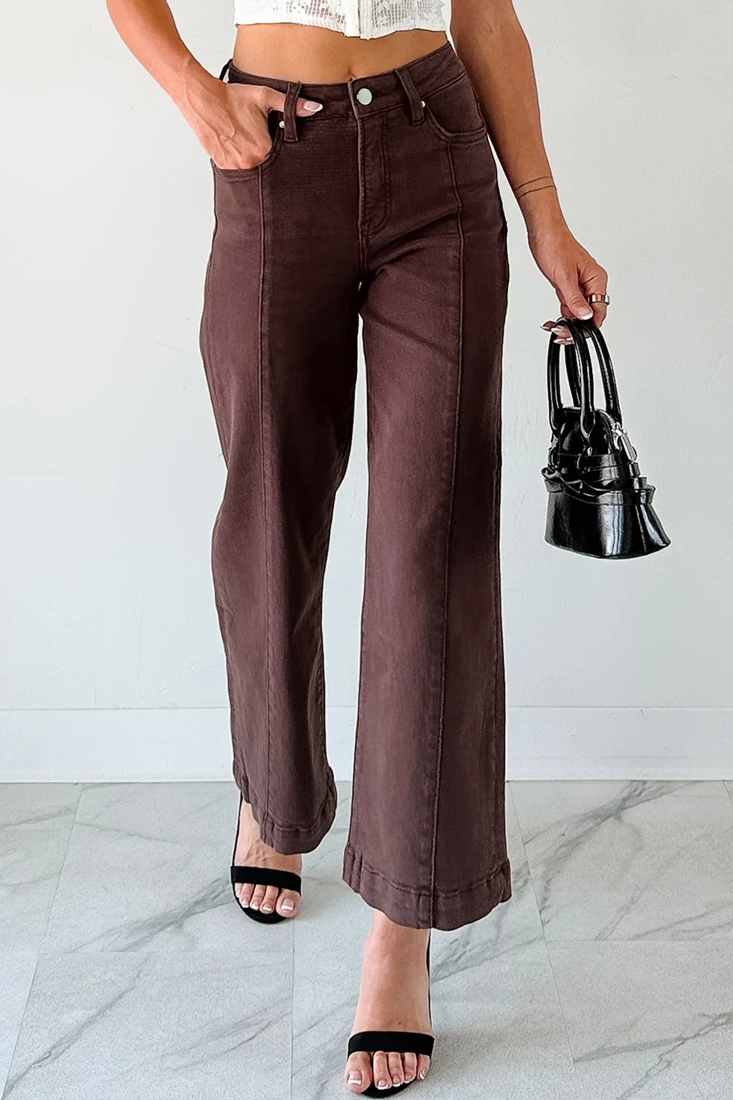 Red Sandalwood Solid Color Seamed Center Wide Leg Cropped Jeans