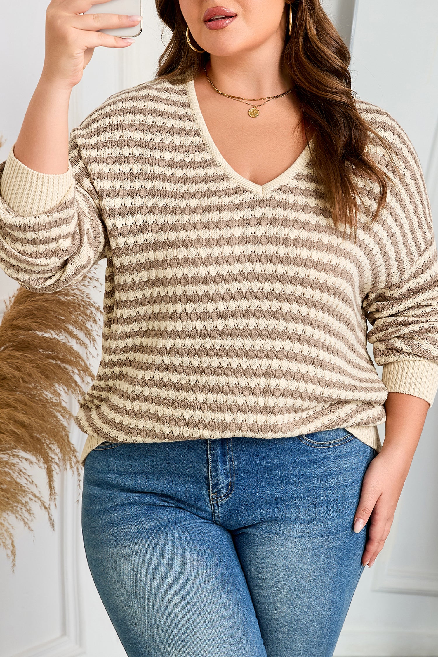 Khaki Stripe Plus Size V Neck Drop Shoulder Sweater