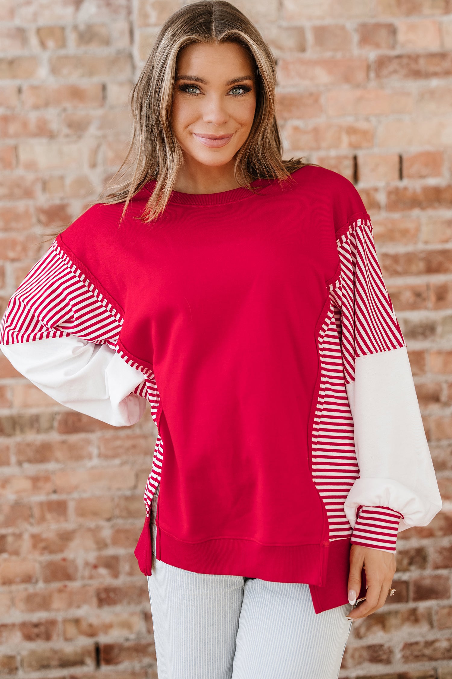 Fiery Red Striped Patchwork Sleeve Colorblock Sweatshirt