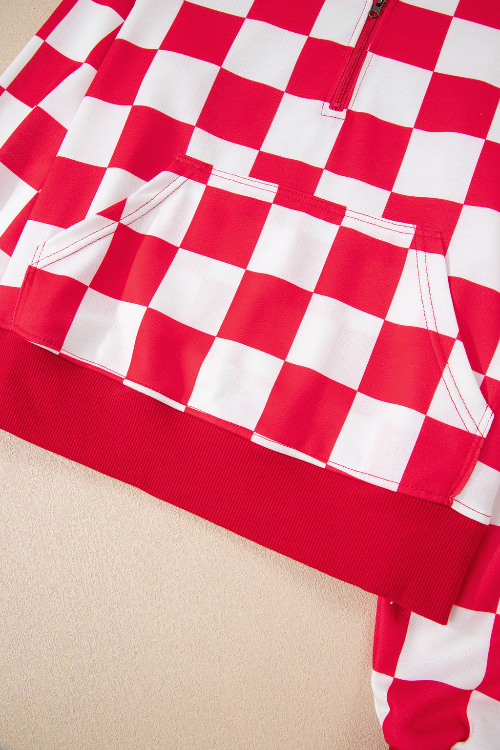 Red Checkered Print Half Zip Hoodie Loose Pant Set