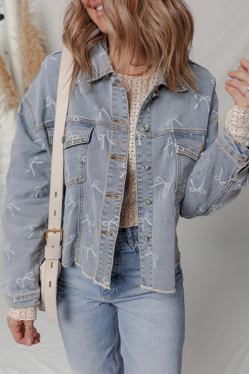 Sky Blue Bow Knot Print Light Wash Raw Hem Denim Jacket