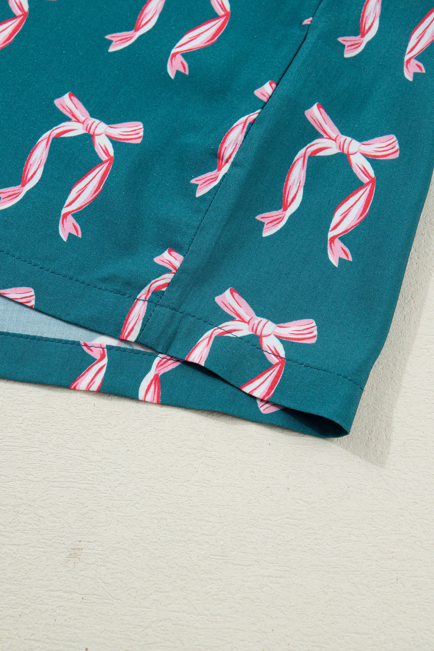 Green Ribbon Bow Print Silky Long Sleeve Shirt and Shorts 2pcs Pajama Set