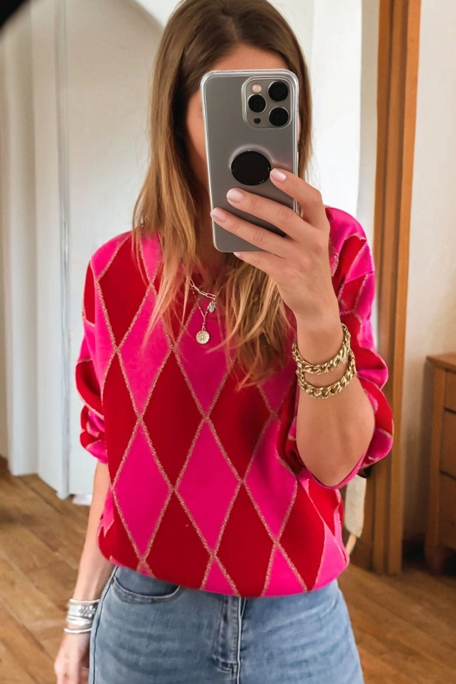 Rose Red Glitter Rhombus Pattern Knit Womens Casual Sweater