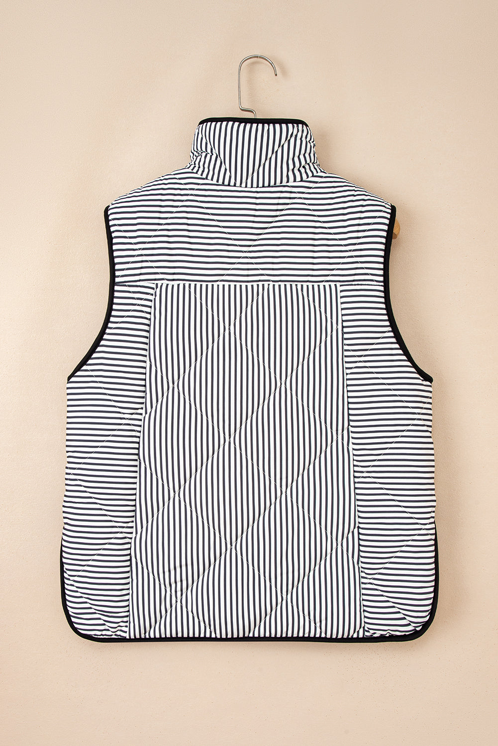 Black Stripe Contrast Trim Snap Button Collared Winter Vest