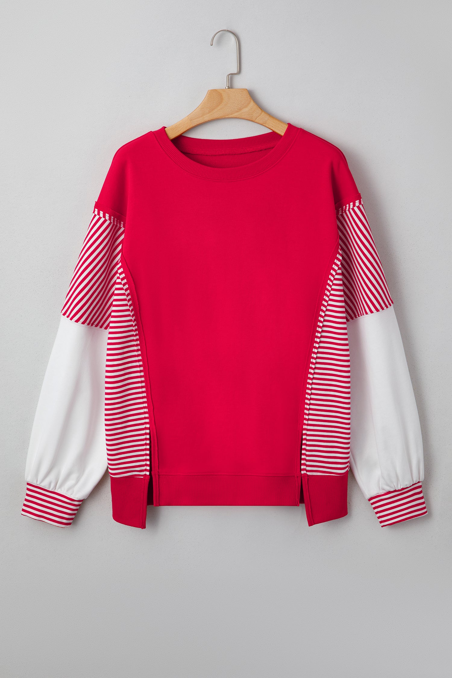Fiery Red Striped Patchwork Sleeve Colorblock Sweatshirt