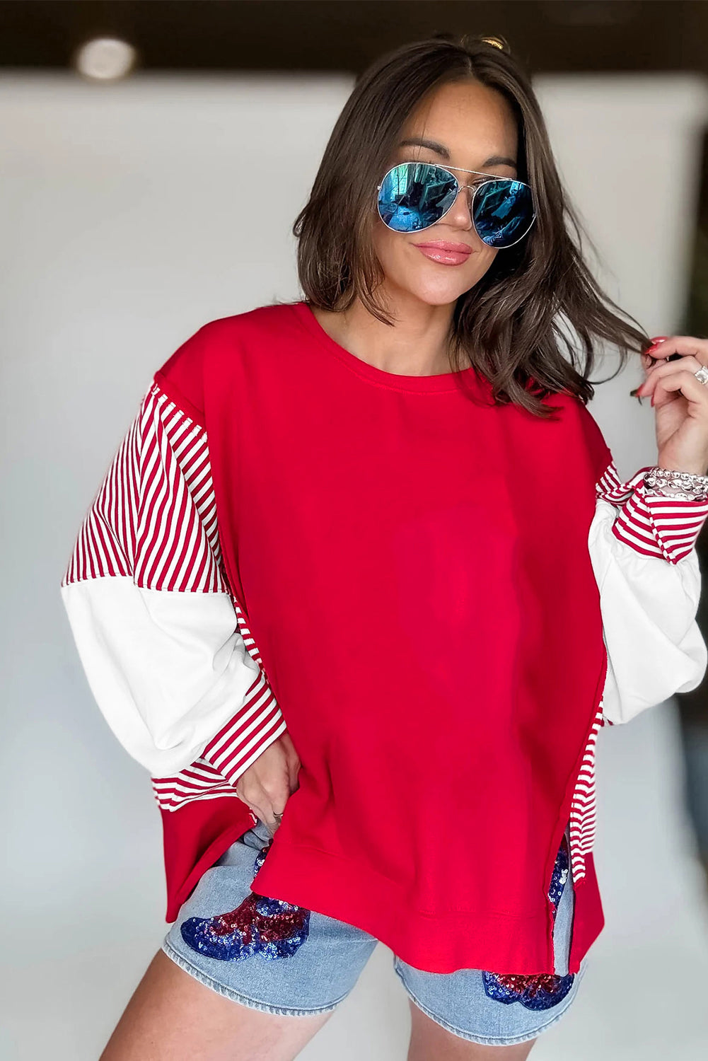 Fiery Red Striped Patchwork Sleeve Colorblock Sweatshirt