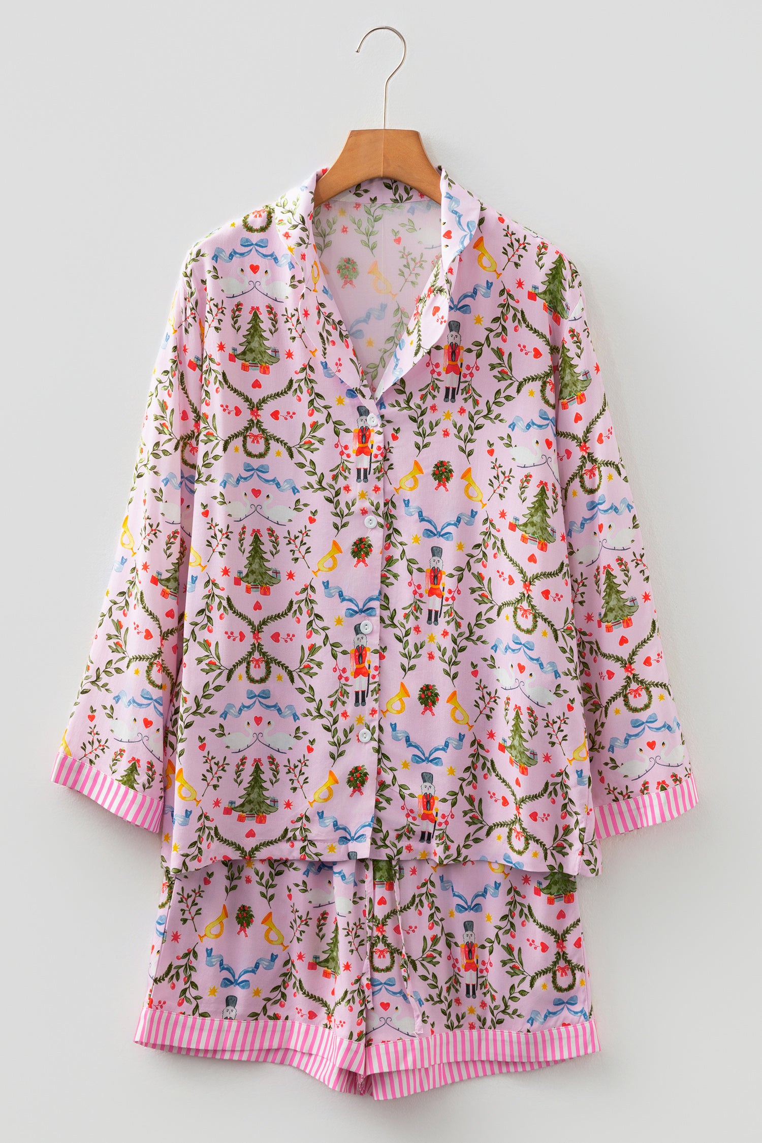 Pink Christmas Holiday Print Nutcracker Long Sleeve Shorts 2pcs Pajama Set