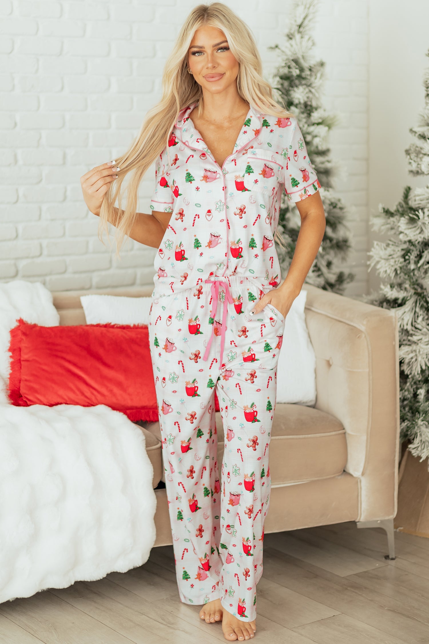 Pink Christmas Spirit Cute Holiday Print Short Sleeve Shirt and Pants 2pcs Pajama Set